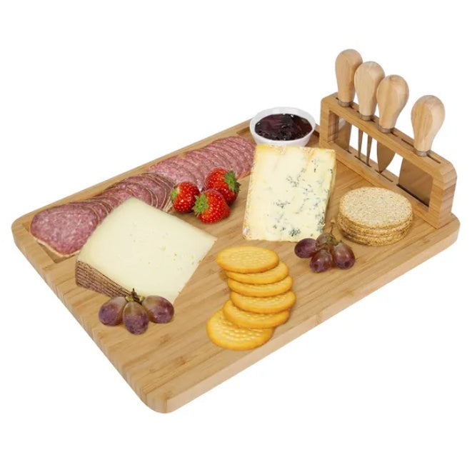 Natural Bamboo Charcuterie Cheese Board Platter With Serving Knives