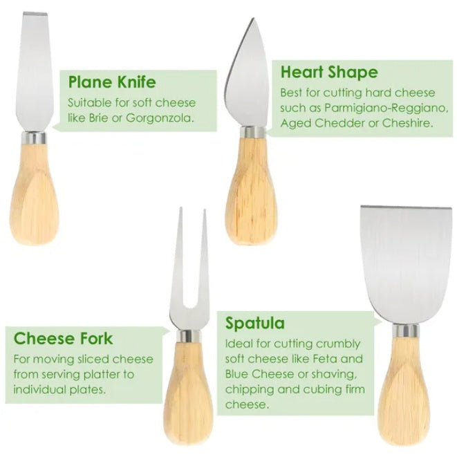 Natural Bamboo Charcuterie Cheese Board Platter With Serving Knives