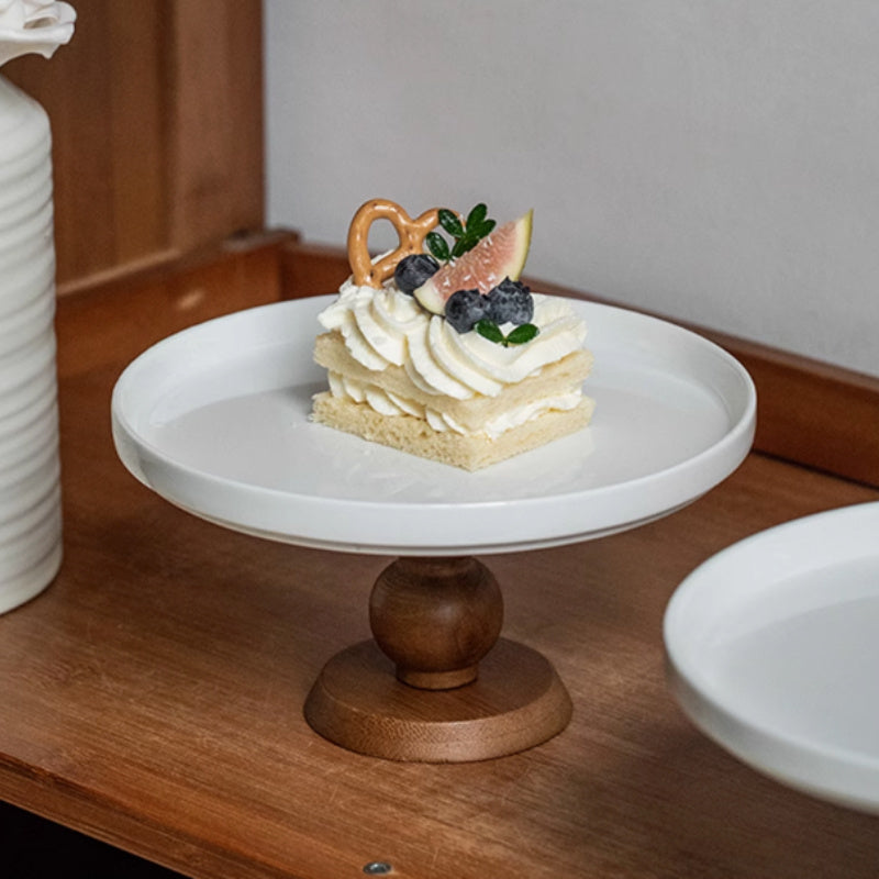 Vintage Style Wooden Handle Ceramic Dessert Plate